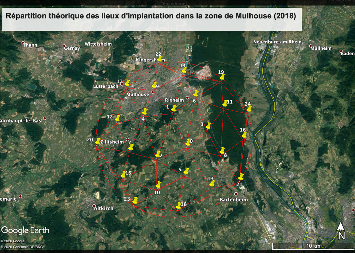 Carte de répartition théorique des sismomètres (Zone de Mulhouse)